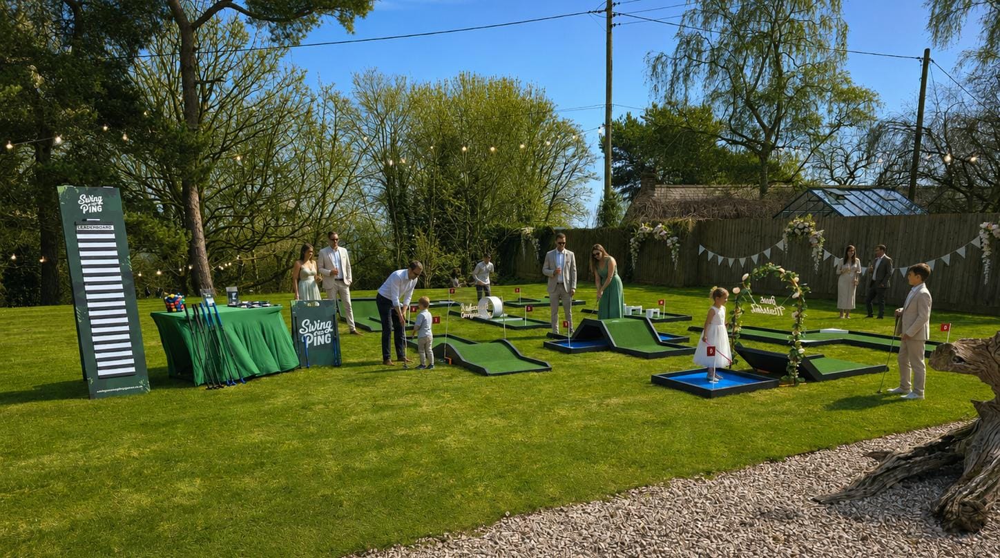Guests enjoying portable crazy golf at an event